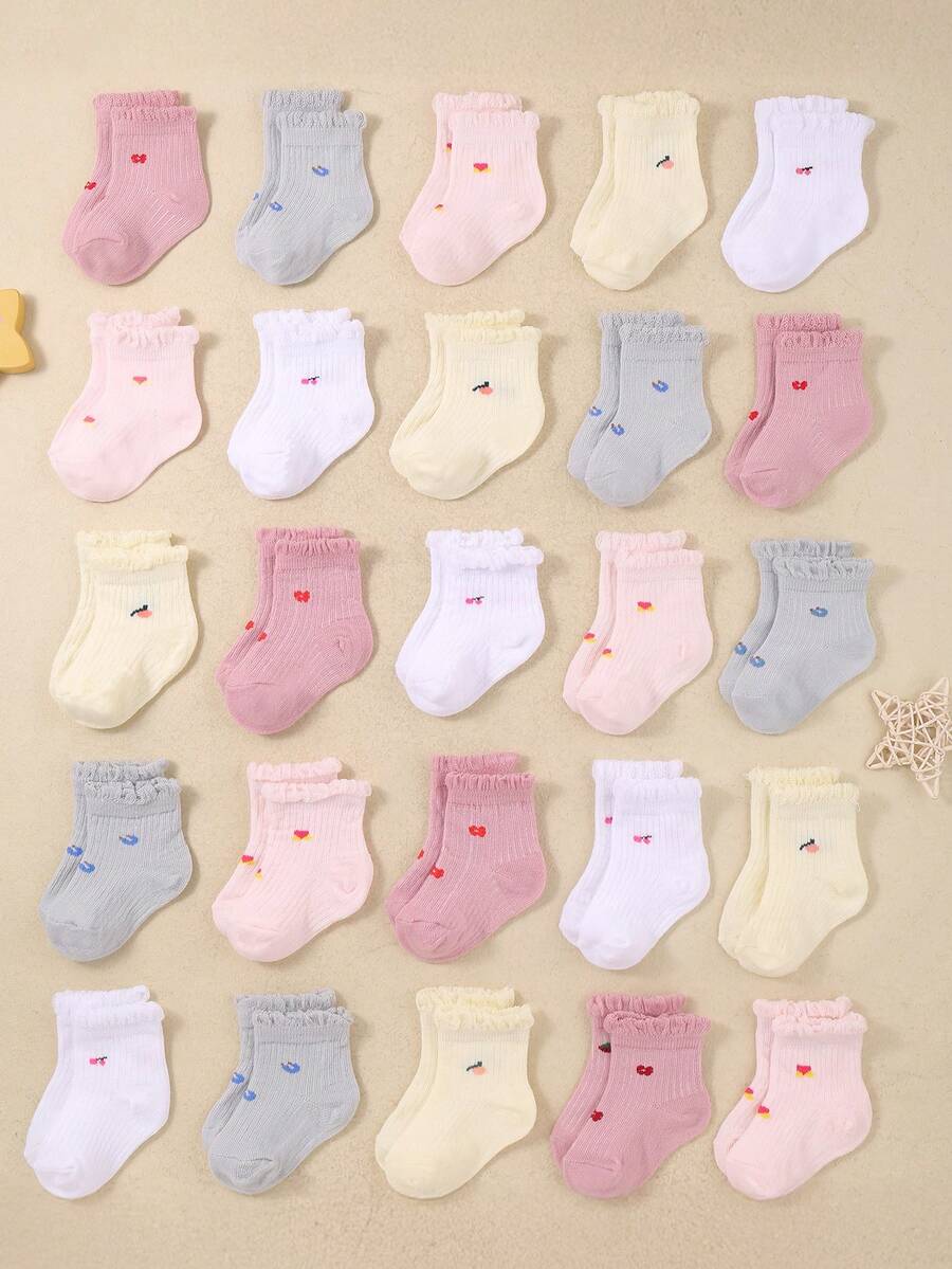 10 đôi tất ren xếp ly dễ thương cho bé gái, màu ngẫu nhiên, họa tiết trái cây, tất dài đến bắp chân mềm mại, thoải mái, phù hợp cho bé gái từ 0-3 tuổi. - Nhiều màu - Xem 1