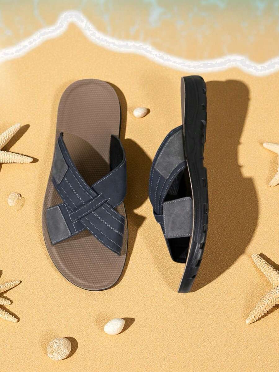 2025新款男士撞色手工凉鞋交叉绑带透气防滑轻便沙滩户外拖鞋透气休闲街头时尚人字拖 - 藍色 - 查看 1