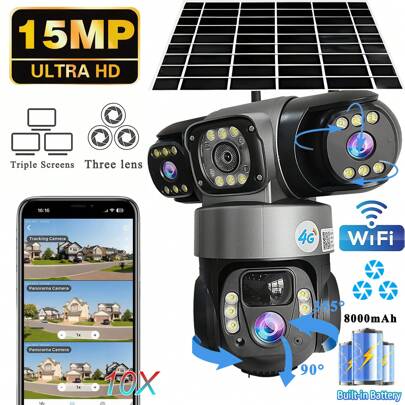 SWVW Kamera IP Wi-Fi Solar IP Wi-Fi CCTV 15MP Podwójny obiektyw Potrójny ekran PTZ Automatyczne śledzenie 6K Nadzór bezpieczeństwa Kamera V380 Pro, kamera dla zwierząt domowych, automatyczne śledzenie, reflektor AI Ruch, domowe zastosowanie 355 stopni poziomo i 90 stopni pionowo obrót, domowy system monitoringu wideo Sieć kamer PTZ Obsługa dwukierunkowego głosu