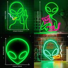 绿色外星人霓虹灯标志，可调光 LED 霓虹灯，USB 供电，酷炫外星人发光标志，墙面装饰艺术氛围灯，用于墙面装饰卧室男人窝游戏室家庭酒吧派对装饰礼物万圣节装饰灯家居装饰派对装饰万圣节装饰房间装饰万圣节花园装饰礼物仙女