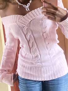 Off-Shoulder Long Sleeve Pullover Sweater For Women, Autumn/Winter, Y2K Gothic Style, Sexy Black Exposed Shoulder Top, Versatile Pink Super Soft Casual Knit Sweater, Country Music Festival, Music Festival - 粉色 - 查看 2