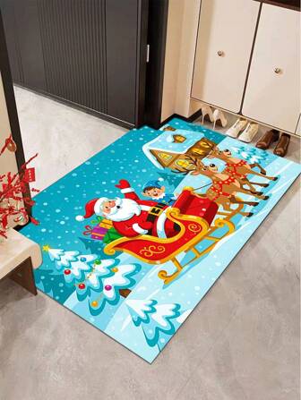 1pc Merry Christmas Reindeer & Santa Claus Design Entrance Doormat, Vintage Rectangular Christmas Entrance Rug, Funny Winter Non-Slip Backed Carpet Mat For Outdoor/Indoor Entrance, Kitchen, Bathroom, Home Decor, Christmas Holiday Gift