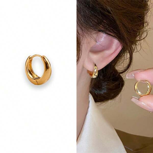 1 Pair Simple Elegant Copper Plated Hoop Earrings, Fashionable Ear Studs Jewelry