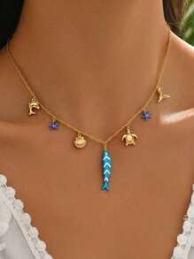 1 件波西米亚不锈钢小鱼、贝壳、海星、鱼尾、海龟吊坠项链，女士海滩派对节日生日礼物送给朋友