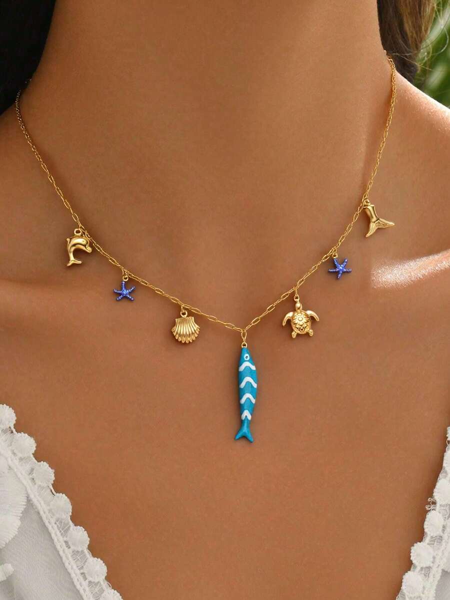 1 件波西米亚不锈钢小鱼、贝壳、海星、鱼尾、海龟吊坠项链，女士海滩派对节日生日礼物送给朋友
