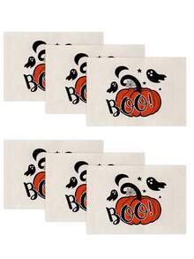 4 piezas/6 piezas/60 piezas Individuales de Halloween, individuales de lino con diseños de fantasmas de dibujos animados, castillos, arañas, murciélagos y letras, resistentes a la suciedad, aplicables para el hogar, restaurantes, decoración de mesa de comedor, artículos del hogar