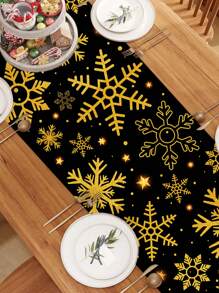 1 件 35 * 180 厘米/13.78 * 70.87 英寸圣诞桌布，黑色和金色雪花图案桌布，节日家居装饰，现代圣诞派对装饰面料，适合圣诞晚餐、餐厅、客厅节日气氛布置，桌面必备圣诞装饰