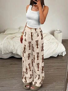 Pantalones rectos y delgados de estilo casual con estampado de langosta para mujer