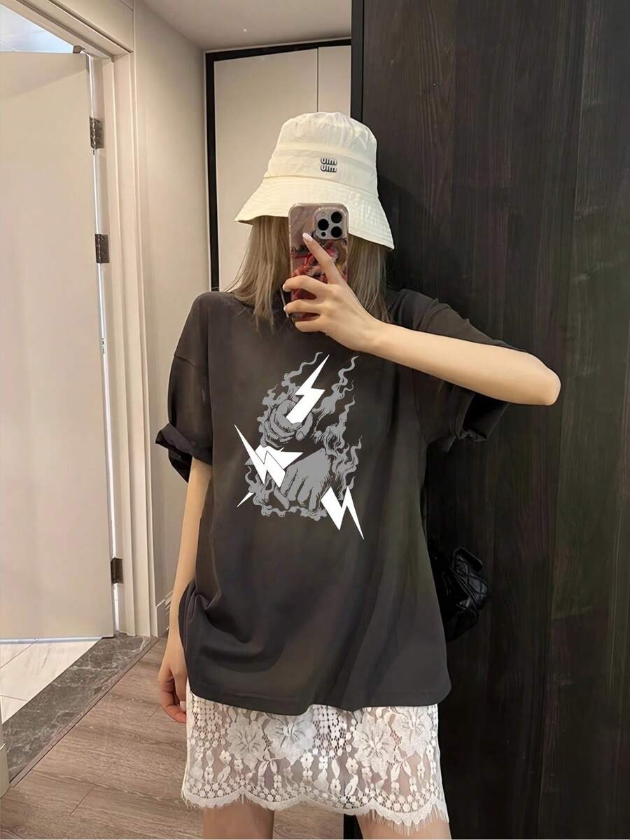 100% Cotton Ladies Short Sleeve T-Shirt, Stylish, Loose, Casual Crew Neck Top - 深灰 - 查看 1