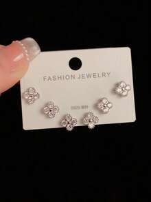 3 Pairs Luxury 925 Sterling Silver Four-Leaf Clover Stud Earrings, Micro-Inlaid CZ, Suitable For Women's Daily Wear And Gifts