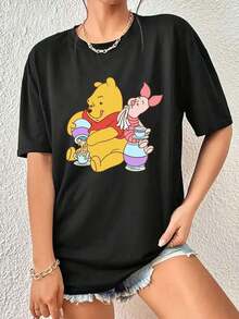 Cartoon Image Short Sleeve Round Neck T-Shirt, Casual And Fashionable Short Sleeve T-Shirt, Micro Elastic, Opaque, Easy Care Material, Perfect For Everyday Wear, Ladies T-Shirt - 黑色 - 查看 1