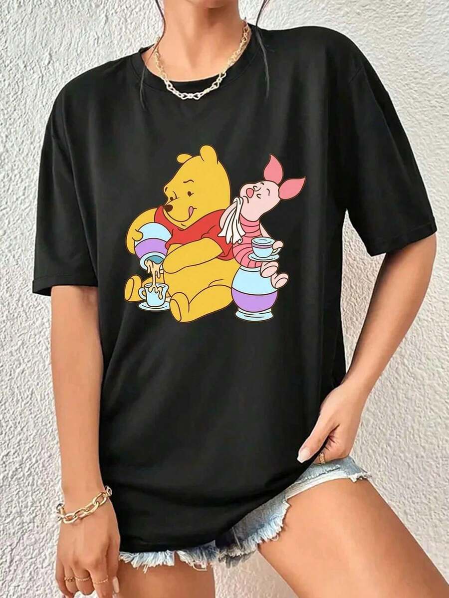 Cartoon Image Short Sleeve Round Neck T-Shirt, Casual And Fashionable Short Sleeve T-Shirt, Micro Elastic, Opaque, Easy Care Material, Perfect For Everyday Wear, Ladies T-Shirt - 黑色 - 查看 1