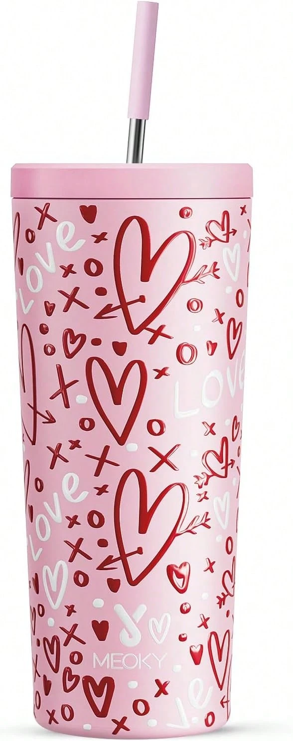24 Oz Insulated Tumbler With Lid And Straw, Stainless Steel Vacuum Insulated Tumbler, Keeps Cold For 24 Hours, 100% Leak Proof, Fits In Car Cup Holder (Kiss) - Fancy - 查看 1