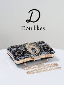 Black Rhinestone Embellished Women's Evening Bag, Featuring Elegant Chunky Pearls, Exuding A Sophisticated And Luxurious Vibe. Suitable For Formal Occasions, Cocktail Parties, Galas, And Weddings. Can Be Paired With Evening Gowns, Bridesmaid Dresses, And Accessorized With Shoulder, Crossbody, Or Chain Strap Handbags.