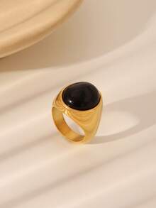 1 chiếc nhẫn hình bầu dục bằng thép không gỉ 18K phong cách tối giản cổ điển dành cho nữ khảm đá mắt hổ tự nhiên hoặc đá Obsidian đen, món quà trang sức thanh lịch thích hợp để đeo hàng ngày, lễ hội, đám cưới, tiệc tùng - hình bầu dục cổ điển - Xem 3