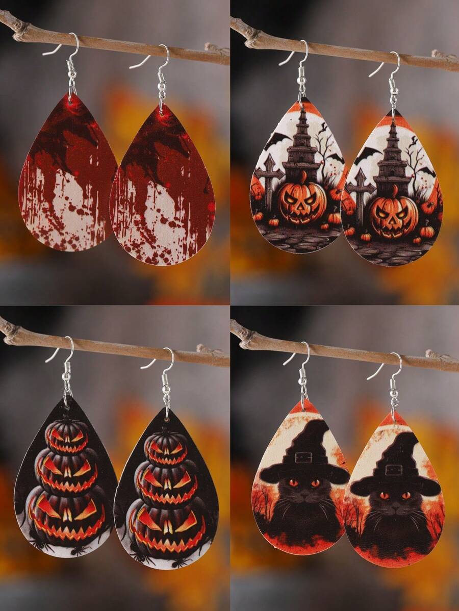 哥特式恐怖血手印、南瓜、黑猫水滴形女士耳环，复古 PU 皮革哥特式双面耳环，万圣节派对礼物
