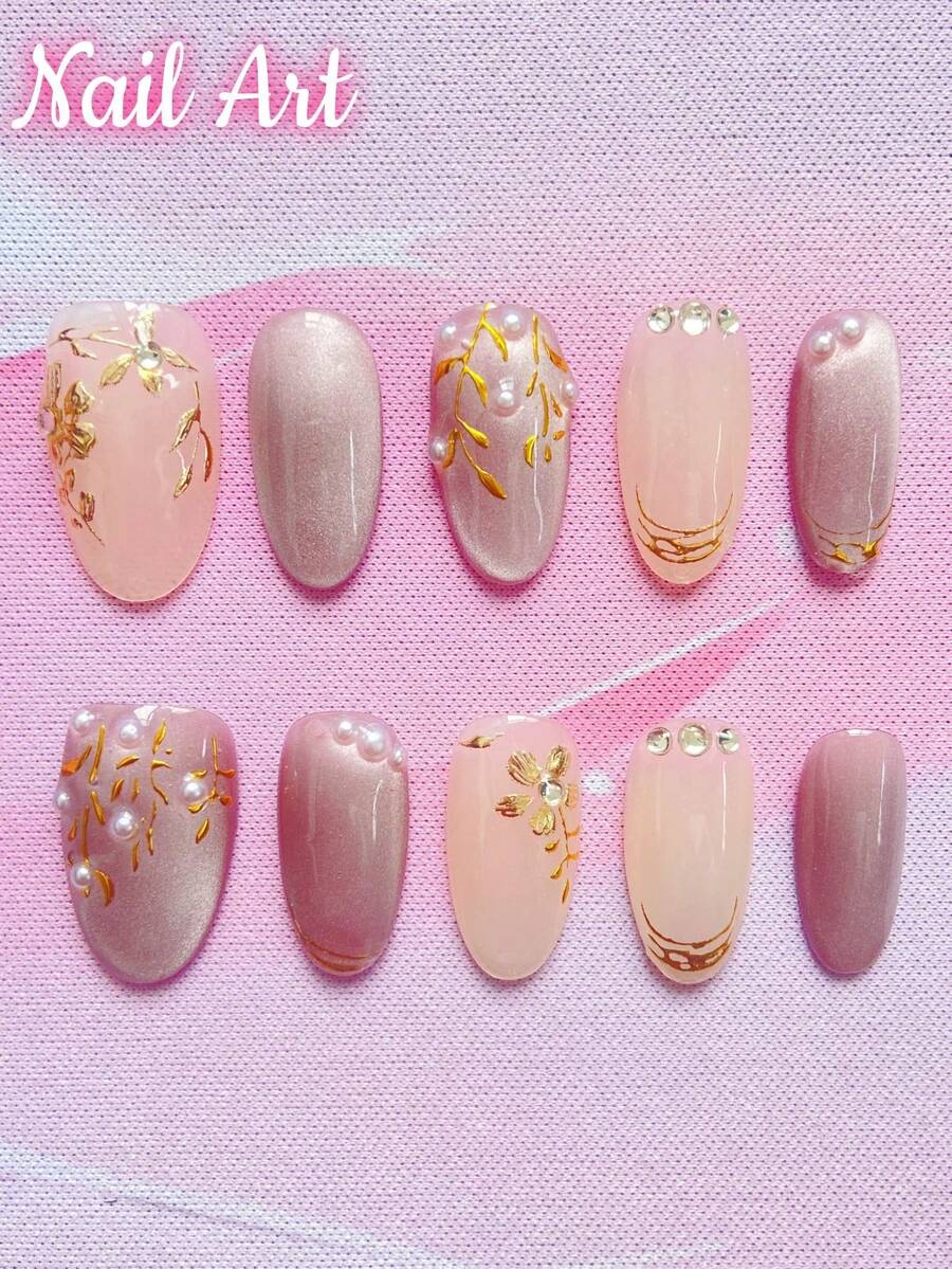 10 片手工按压指甲、假指甲、夏季指甲、美容美甲、适合女士和女孩日常或节日佩戴、高端优质美甲用品