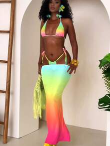 3件套女士性感沙滩比基尼套装，亮色渐变纯色挂脖比基尼泳装套装，搭配长款网纱裙，适合度假、复活节、节日、外出、约会之夜等各种场合，是所有女性服装的理想之选，也适合秋季和夏季假期穿着。 - 彩虹 - 查看 3