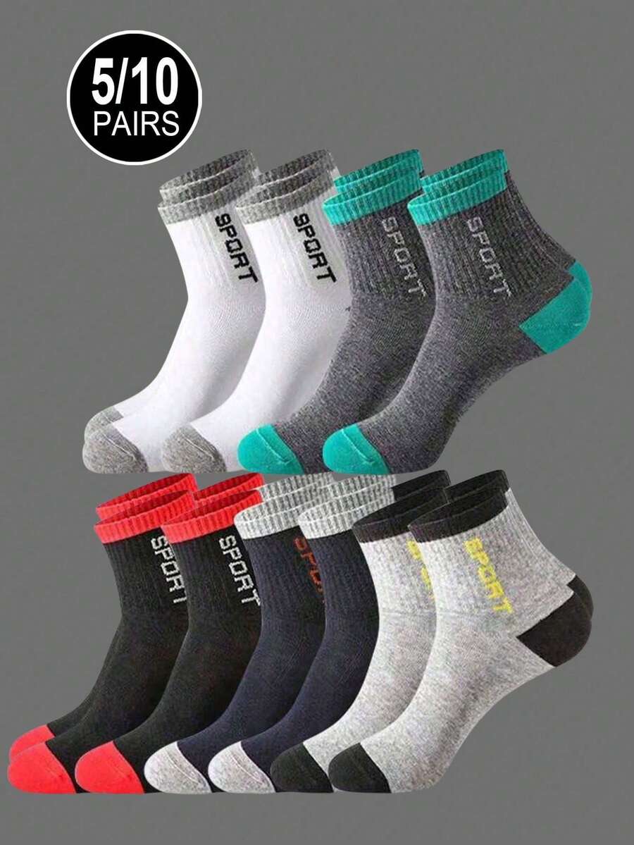 5/10 双男式中筒袜套装 - 字母印花运动袜，吸湿排汗，轻盈四季休闲袜，适合健身/日常/休闲 - 彩色 - 查看 1