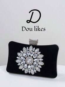 Women's Fashion Black Velvet Evening Clutch, Romantic Wedding Handbag With Luxurious Sequin Decor, Formal Party Bag, Bridal Purse With Detachable Shoulder Strap