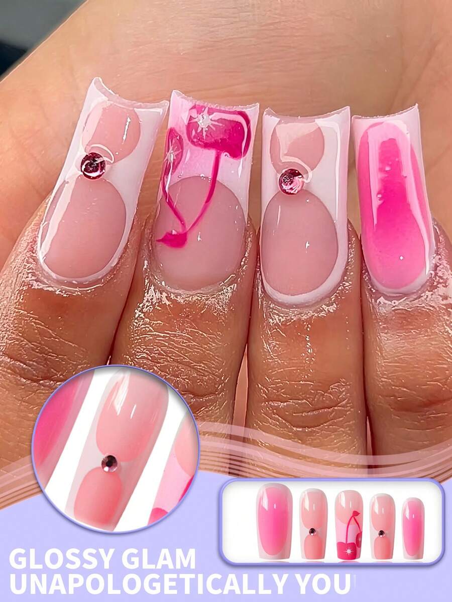 24pcs Medium Square Press-On Nail Set With Pink Gradient Ombre, 3D Cherry Accents & Rhinestone Studs, Stylish Heart-Bubble Design, Reusable DIY Nail Kit With Free Adhesive Tabs & Mini Nail File For Everyday Glam - Pink - View 1