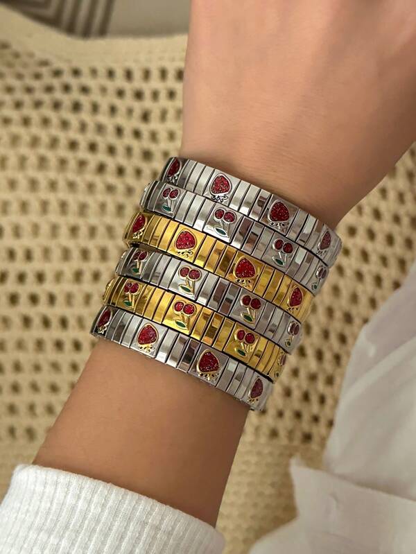 1 pièce Bracelet en acier inoxydable en forme de cerise et de fraise, à la mode et mignon. Convient pour le port quotidien, les fêtes, cadeau d'anniversaire pour les amis