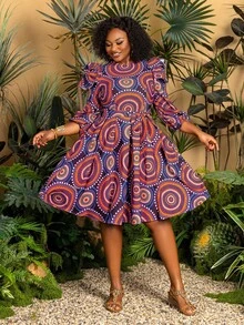 TribalChic Plus 圆领灯笼袖 A 字加大码连衣裙：适合日常穿着、度假装、公园漫步、早午餐约会和休闲出游 - 紫色 - 查看 6