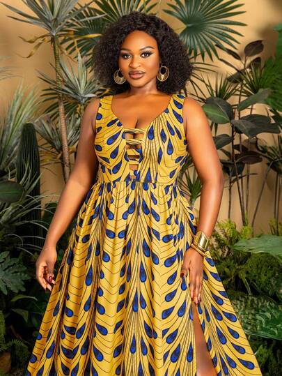 Faeriesty Plus Size Dress: Sleeveless V-Neck Flowy Tie-Waist A-Line Dress With High Slit - Ideal For Vacation, Weekend Getaways, Beach Walks, And City Strolls