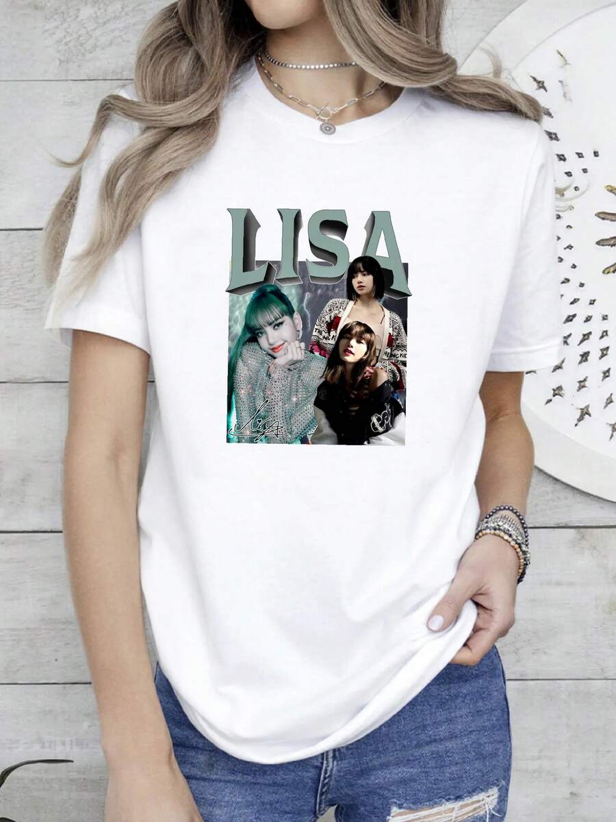 180g Pure Cotton Limited Lisa T Shirt Lalisa Manobal Oversize Sweathirt BPC18 Slightly Soft Comfortable Stylish Print Round Neck Short Sleeve Unisex For Women Fashion Homme Graphic Casual Top For Everyday Wear Stretched Versatile Streetwear Summer Breathable Designer Clothes - trắng - Xem 1