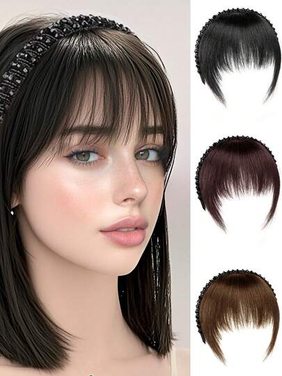 一体式防滑合成假发，带刘海发箍，女士适用，遮盖发际线和白发，自然隐形超薄刘海假发发箍，发带，发圈，秋季，发饰，女士发箍，头饰发带