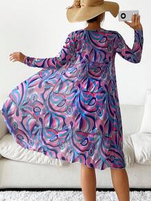 Full Print String Bikini With Beach Cover Up Kimono 3-Pieces Geometric Print Bikini Sets, V Neck Boxer Short Bottom With Cover Shirt Long Sleeves Swimsuit, Women's Swimwear & Clothing Valentine's Day - 紫色 - 查看 3