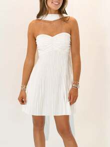 Women Y2K Pleated Strapless Mini Dress Silk Satin Ruffle Short Dress Scarf A Line Tube Dresses Beach Clubwear - 白色 - 查看 1