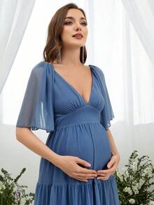Faeriesty Dressalisa Elegant Maternity Deep V-Neck Butterfly Sleeves Chiffon Oversized Tulle Skirt Dress For Summer Spring Occasions (Wedding Guest, Formal Dinner, Garden Party, Maternity Photoshoot, Evening Event)