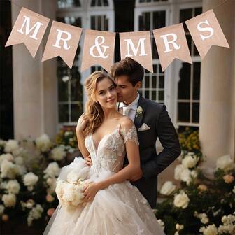 1 pièce Drapeau en lin queue d'aronde pour mariage et fête, design vintage lettres MR ET MRS, convient pour mariage rustique, anniversaire, décoration de douche de mariée, toile de fond photo, accessoires de mariage, décoration de fête