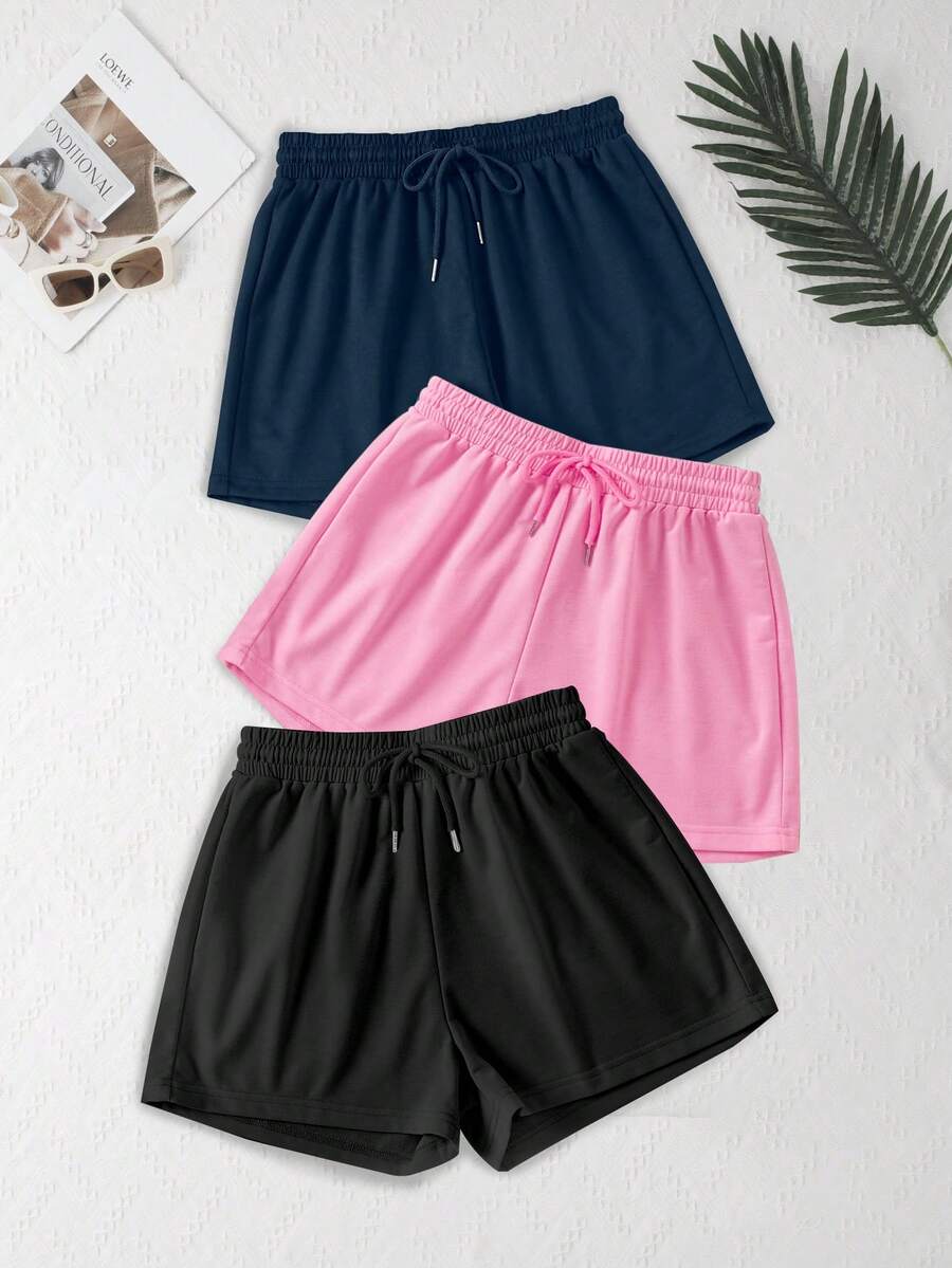 Set de 3 pantalones cortos deportivos de cintura elástica de unicolor - Rosa - Ver 1