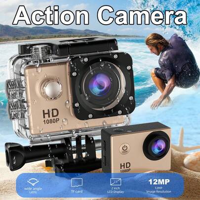 金色运动相机，水下防水DV相机，防抖，140度广角，自拍双屏运动相机，30fps触控双屏全高清，高清相机及配件套装