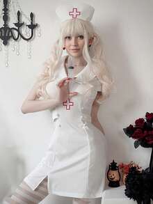 Women Nurse Costumes Cross Short Sleeve Collared Mini Dress With Hat Halloween Cosplay Outfit - White - View 1