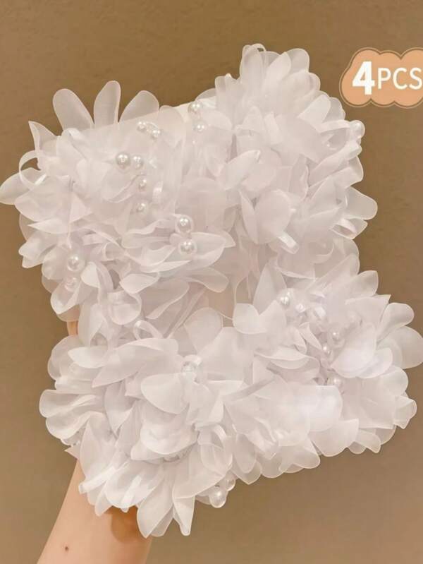 Lemon Love Flower Hair Accessory - 4pcs-Elegant White Bouquet Ponytail Hair Tie, Soft Pastel Hair Ornament, Suitable For Ladies And Girls' Daily, Wedding, And Party Hairstyles - Non-Damaging Hair Tie
