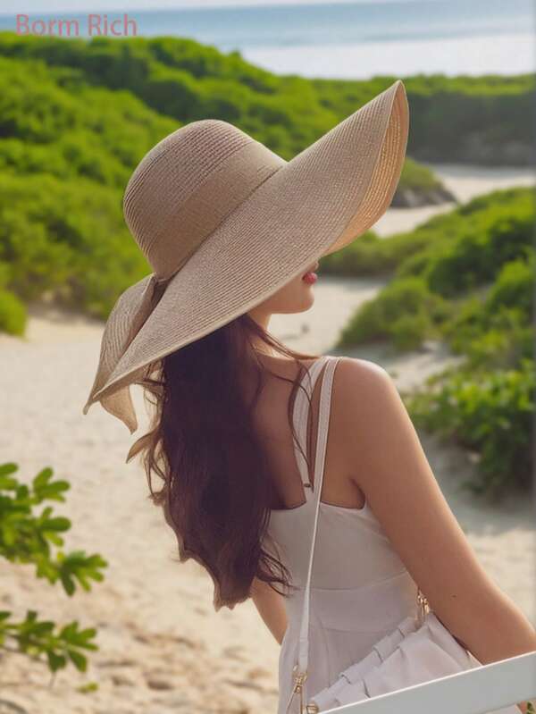 Women's Foldable Beige Straw Hat, Elegant & Casual Summer Beach Sun Hat With Big Brim, 1PC With Bow Detail, Must - Have Beach Hat For Women