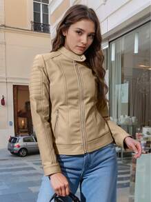 Giolshon Women's Autumn/Winter PU Biker Jacket, Street Style Design With Zipper Pockets, Ideal For Urban Commute And Travel, Combining Fashion And Practicality - Khaki - View 4