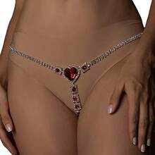 Sexy Red Rhinestone Panties Thong Crystal Heart Pendant Waist Belly Chain Bikini Body Chain Jewelry Rhinestone Underwear GString Chain For Women Sier 2 - 如圖 - 查看 1