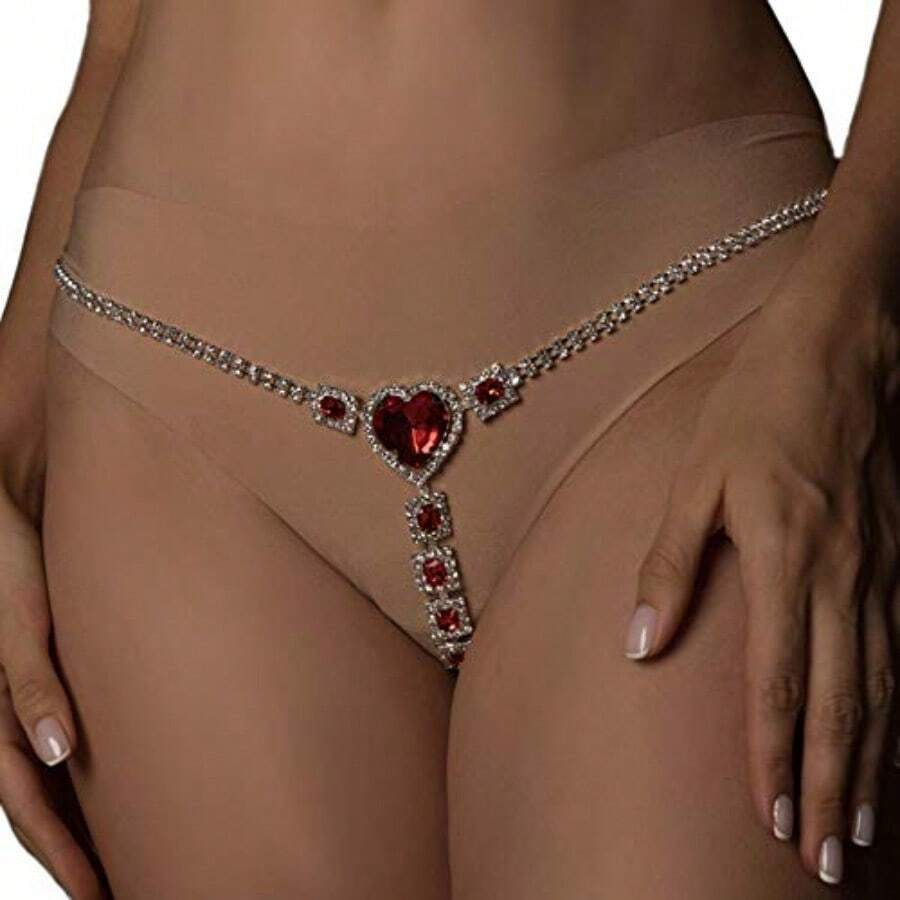 Sexy Red Rhinestone Panties Thong Crystal Heart Pendant Waist Belly Chain Bikini Body Chain Jewelry Rhinestone Underwear GString Chain For Women Sier 2 - 如圖 - 查看 1