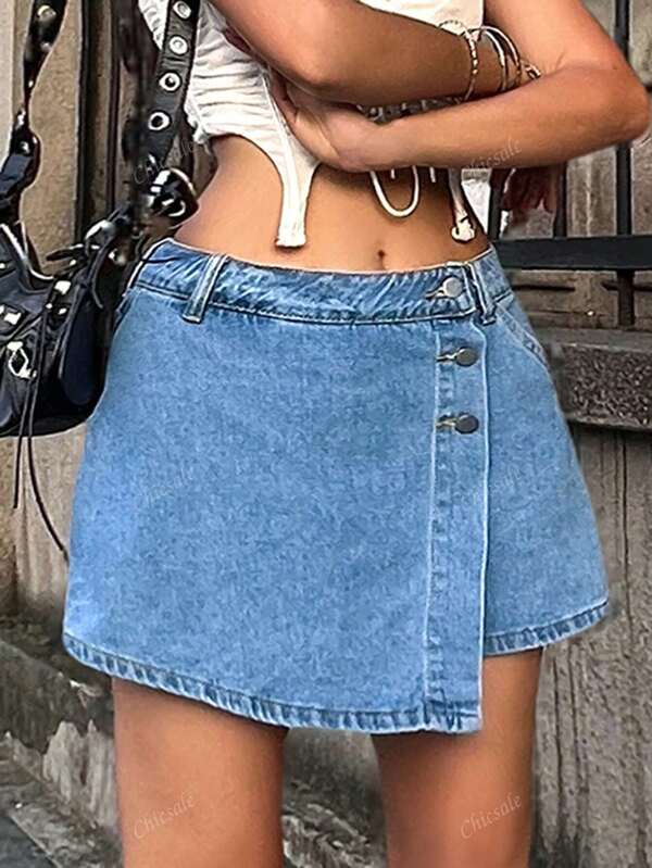 Asymmetric Hem Button Down Denim Skorts