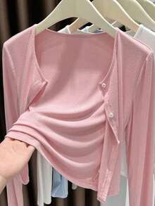 1pc Women's Asymmetrical V-Neck Button Cardigan Long Sleeve Air Conditioning Shawl, Oversized - Sun Protection Cape - View 7