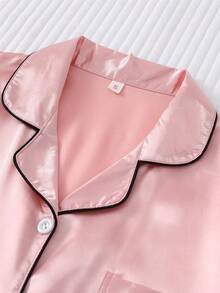 Blusa de solapa de satén para mujeres y traje de pijama para pantalones cortos con lazo,Pijamas y ropa de casa, conjuntos de dos piezas - Rosa - Ver 3