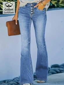 Jeans acampanados de tiro medio azul medio lavado con estilo sexy para uso diario, versátil, pantalones vaqueros retro - Azul lavado medio - Ver 1