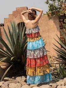 Faeriesty BohoBloom Strapless Multi-Layer Printed Summer Dress - Elegant Spring/Summer Style, Suitable For Beach Weddings | Garden Parties | Brunch | Music Festivals | Tropical Vacations (Belt Not Included) - Multicolor - View 2