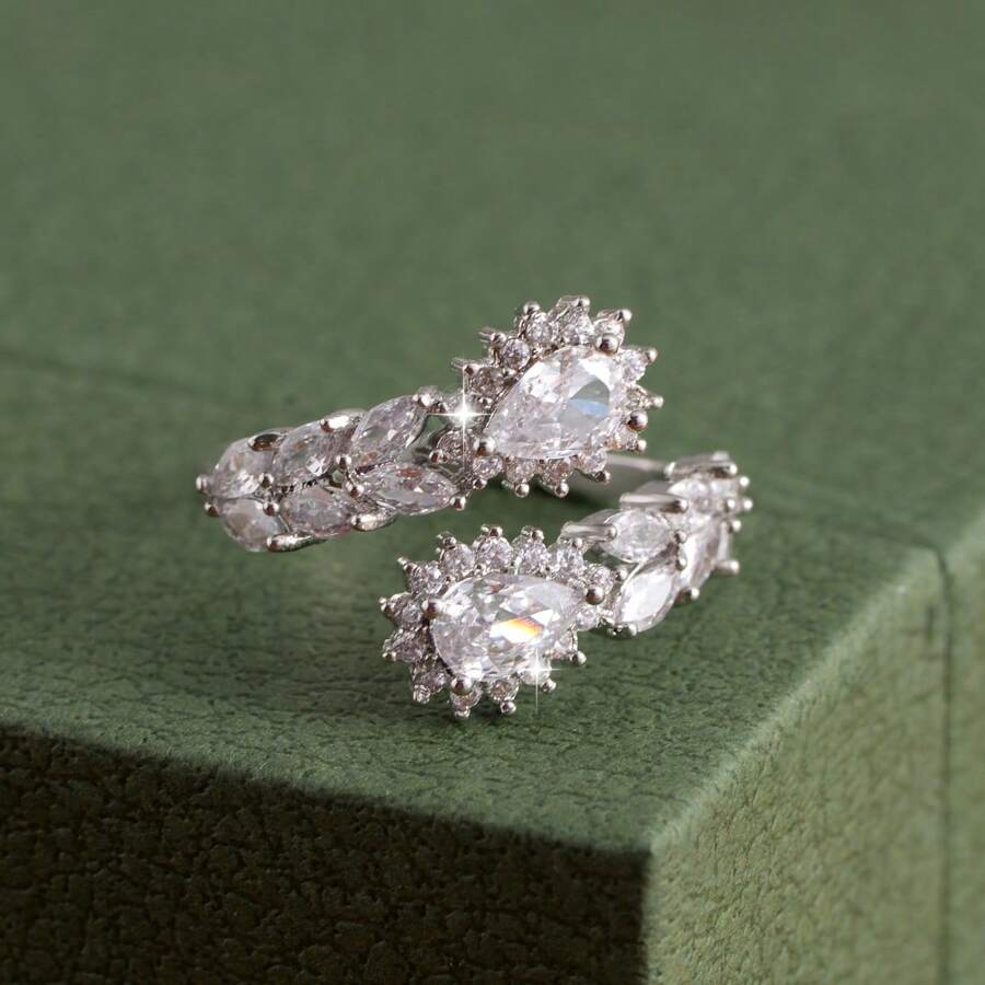 1pc Double-Row Waterdrop Copper Plated White Gold Micro Pave Zirconia Stone Fashion Open Finger Ring, Suitable For Outing, Leisures And Daily Wear