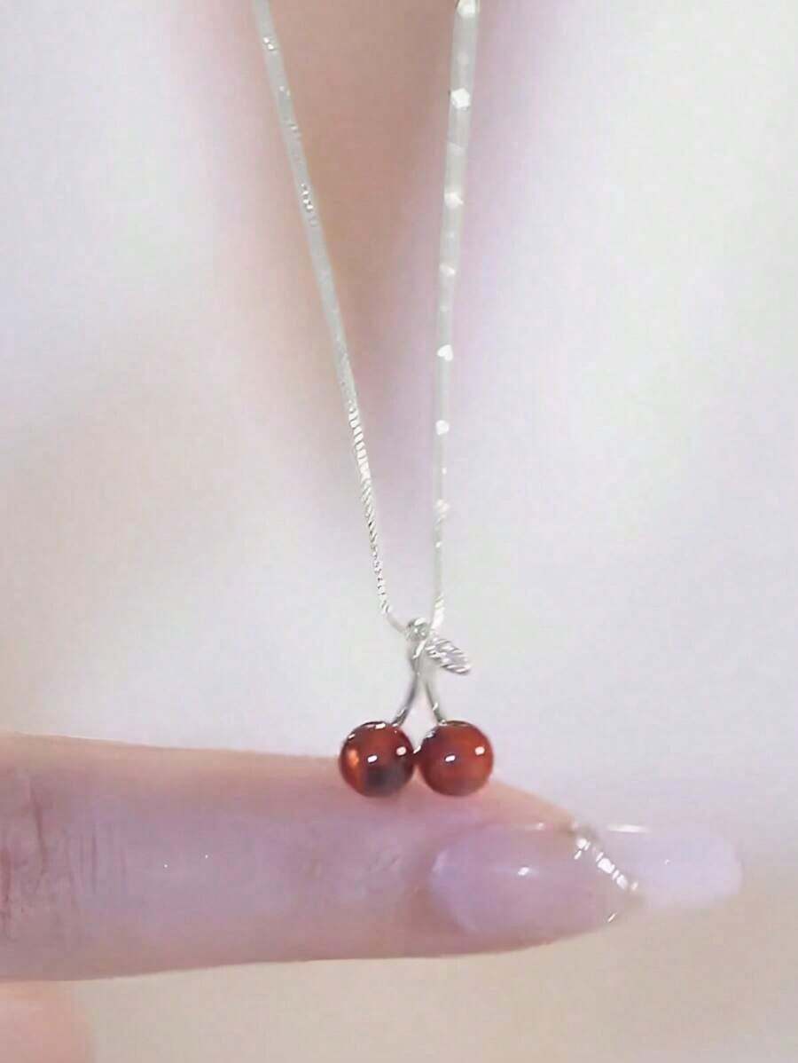 BALMORA 1 pieza Exquisito Collar con Colgante de Cereza de Plata de Ley 925 con Cadena Ajustable para Clavícula, Adecuado para Niña/Mujer/Novia/Madre, Regalo Retro para Fiestas, Citas y Uso Diario Cumpleaños
