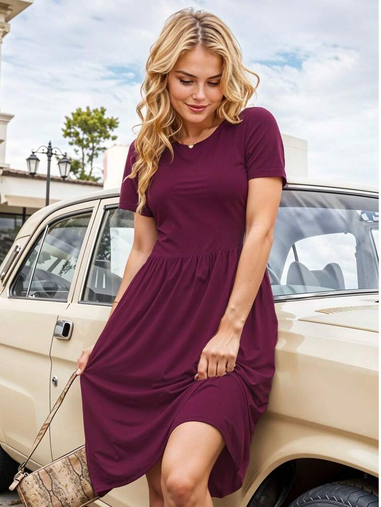 Vestido Corto de Cuello Redondo y Manga Corta en Unicolor Casual para Mujer - Rojo violeta - Añade 4
